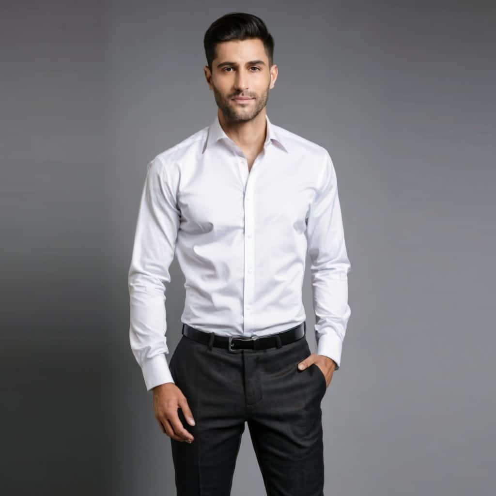 Model wearing white colour shirt and black pant